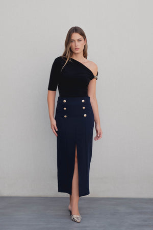 FALDA MIDI BOTONES DORADOS