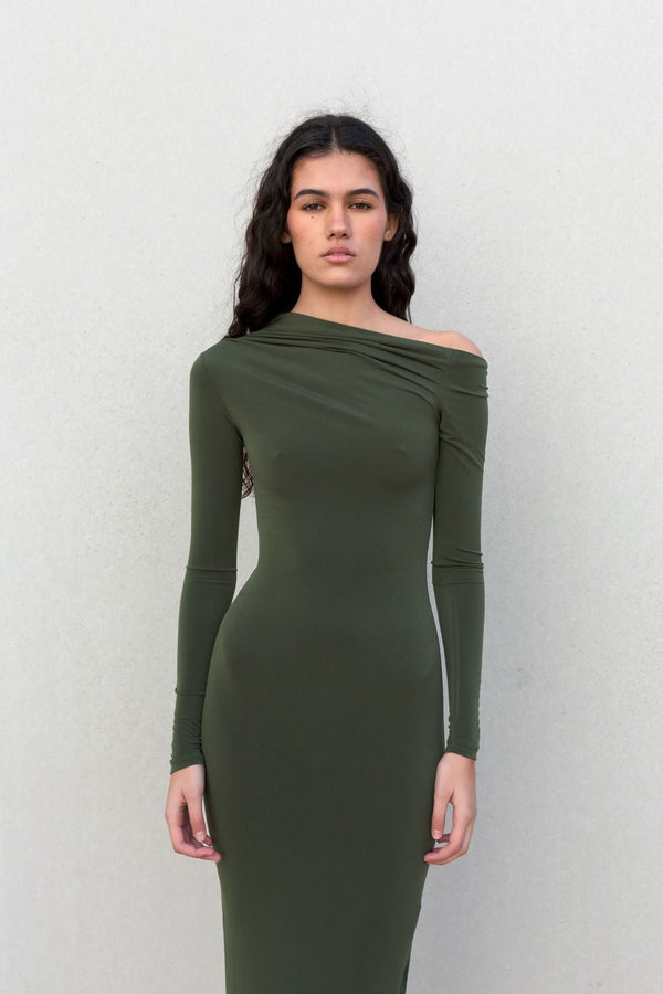 VESTIDO CAQUI ASIMETRICO MIDI