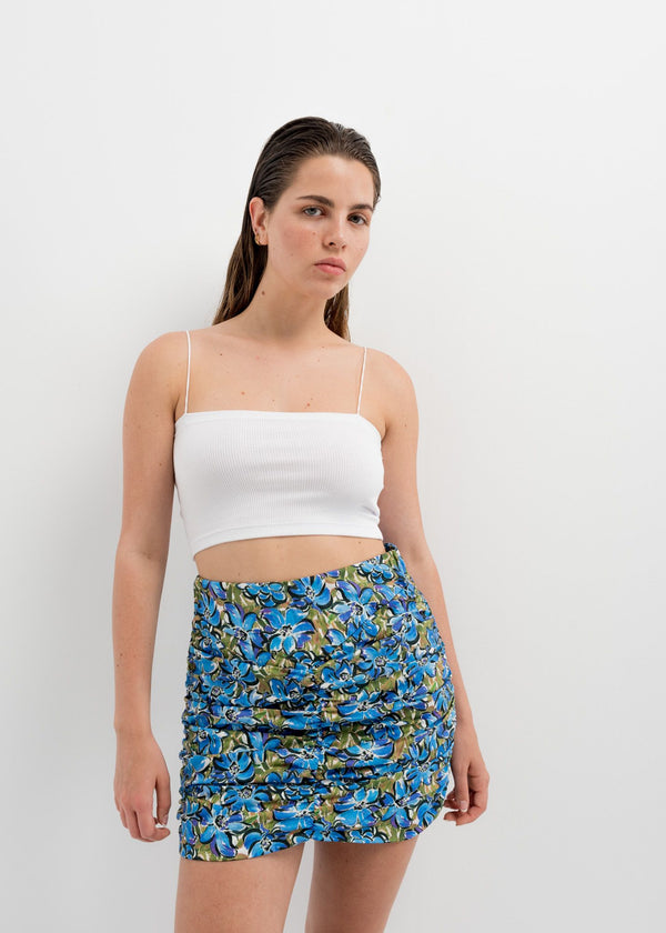 FALDA-MINI FRUNCES FLORES AZULES