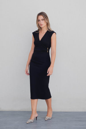 VESTIDO MIDI PUNTO APLIQUE DORADO