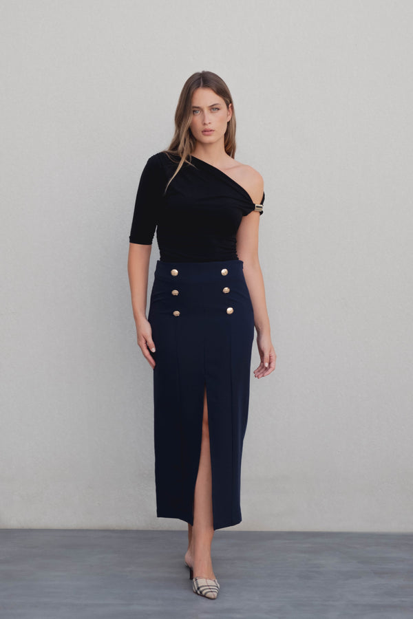 FALDA MIDI BOTONES DORADOS